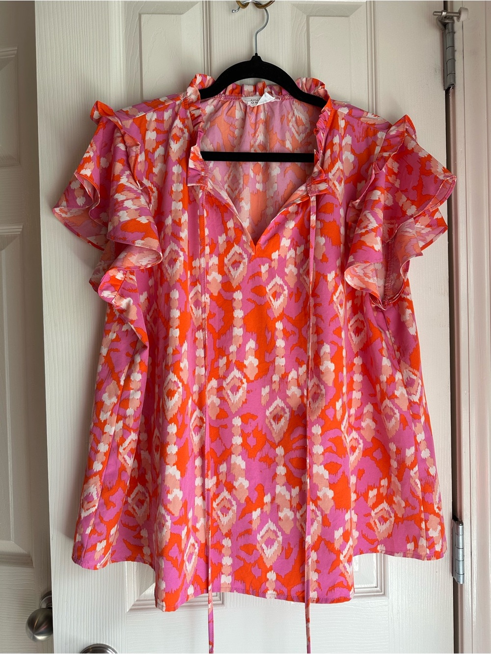 Women’s Emily Wonder V-Neck Flutter Ruffle Sleeve Blouse in Pink & Orange